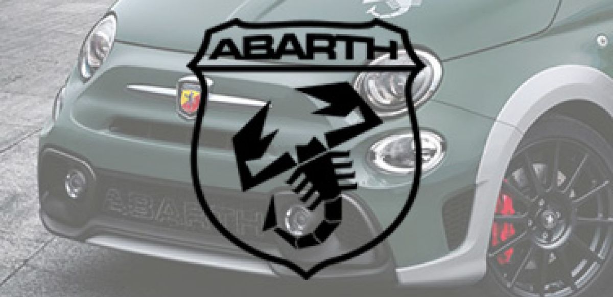 Greyscale Abarth logo with car in background