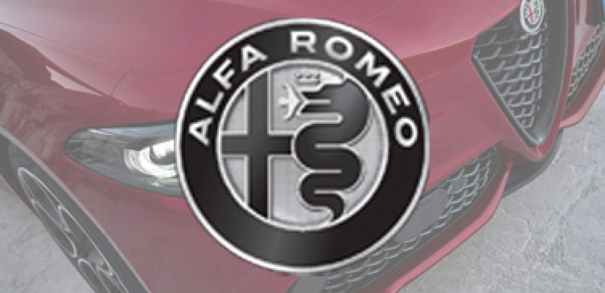Greyscale Alfa Romeo logo with car in background
