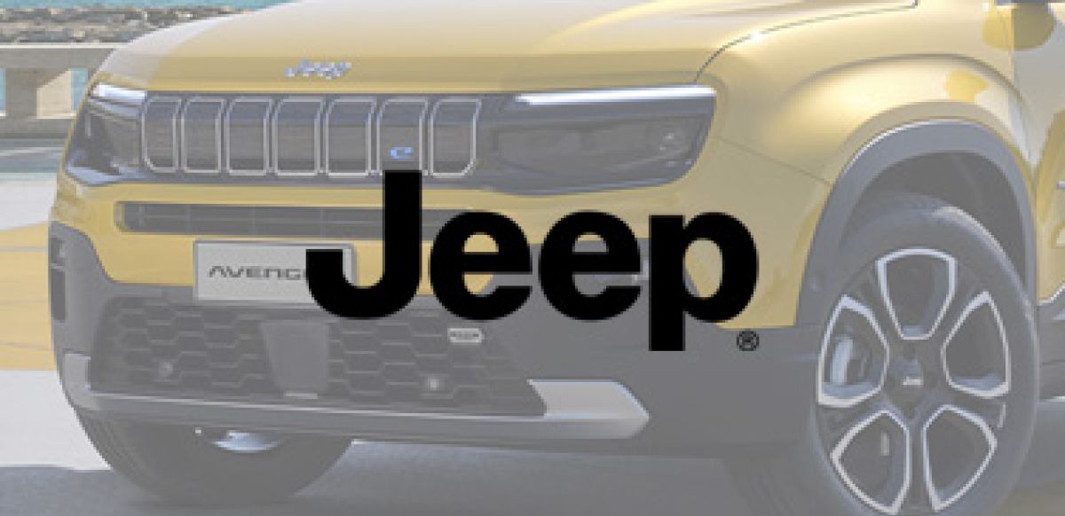 Greyscale Jeep logo with Jeep Avenger in the background