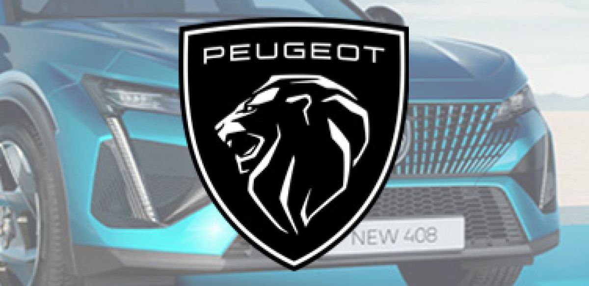 Greyscale PEUGEOT logo with PEUGEOT 408 in background
