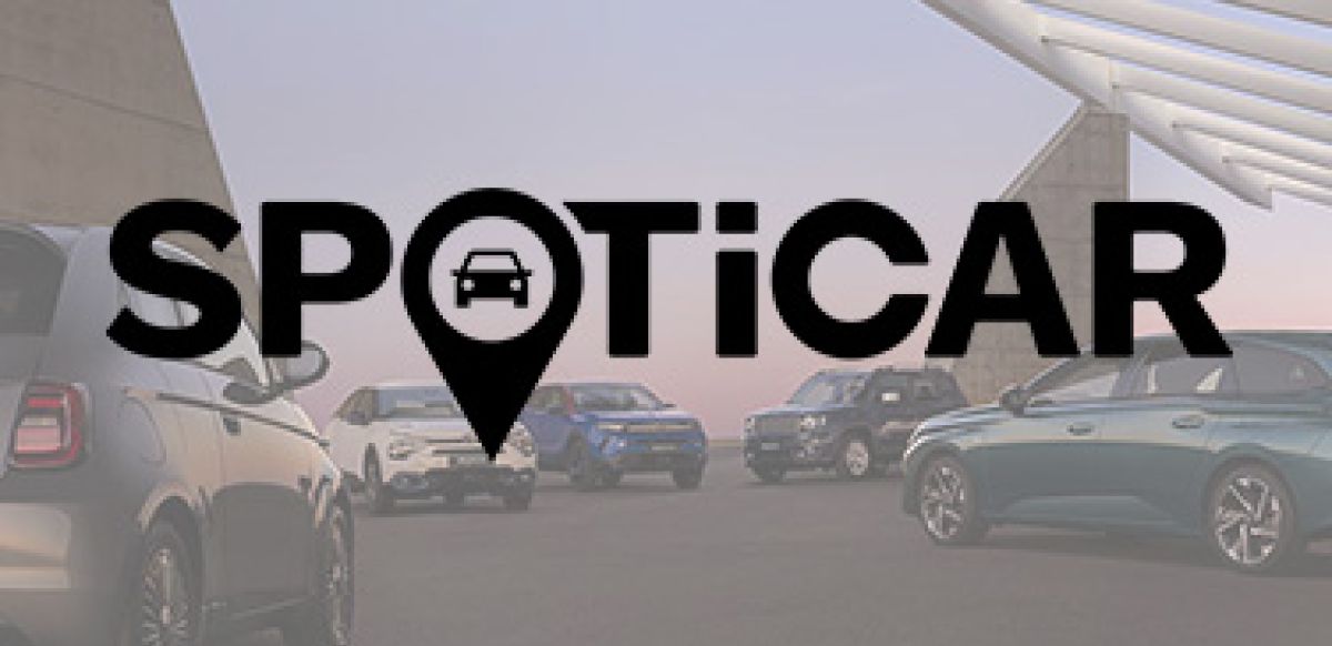 SPOTICAR logo over the range of vehicles on a bridge