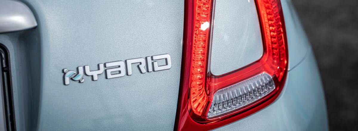 Hybrid car badge on Fiat 500