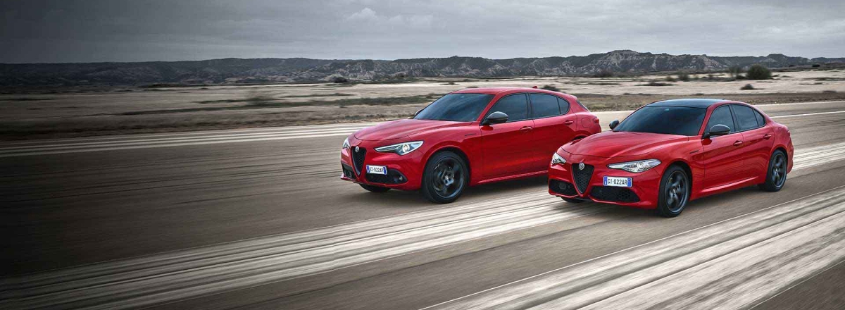 Stelvio and Giulia estrema driving through mountain