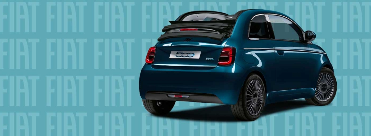 New Fiat 500 Cabrio in Iconic Blue on turquoise branded background