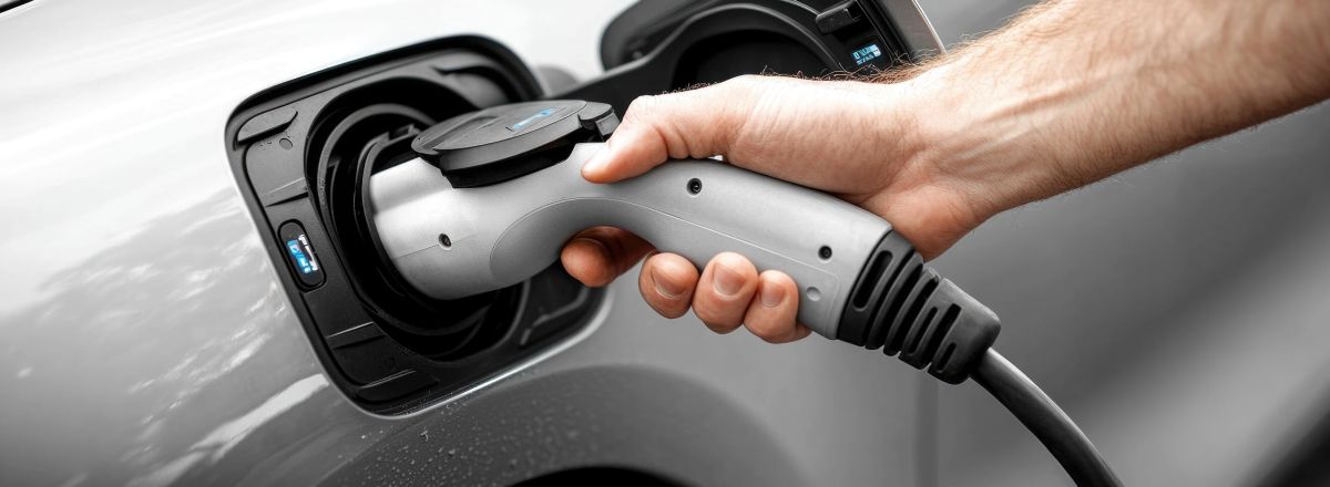 Someone plugging a charging cable into an electric car