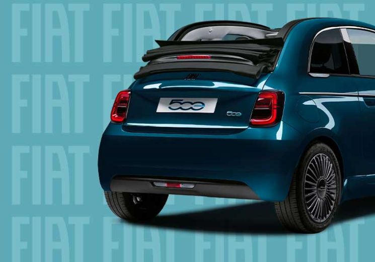 New Fiat 500 Cabrio in Iconic Blue on turquoise branded background