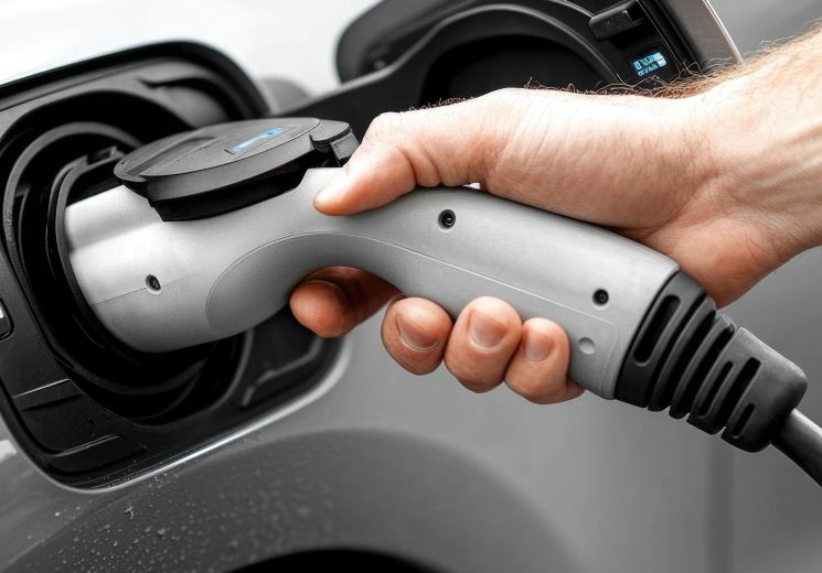 Someone plugging a charging cable into an electric car