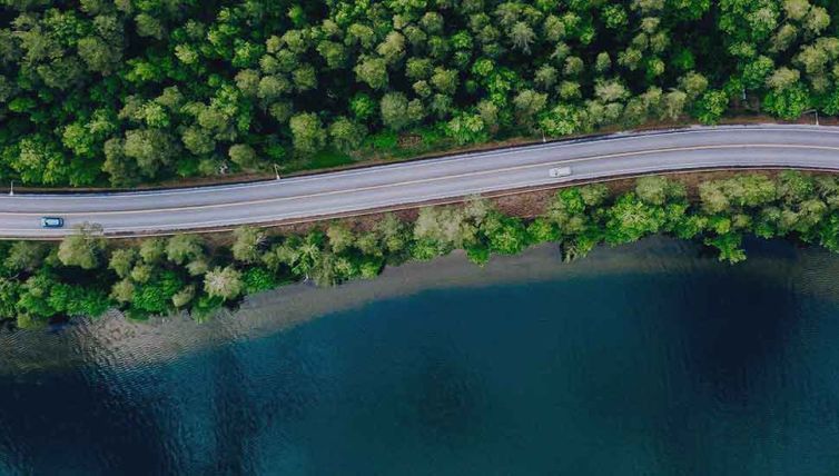 Road through woodland and river