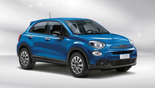 Fiat 500X exterior in Italia Blue on a white background