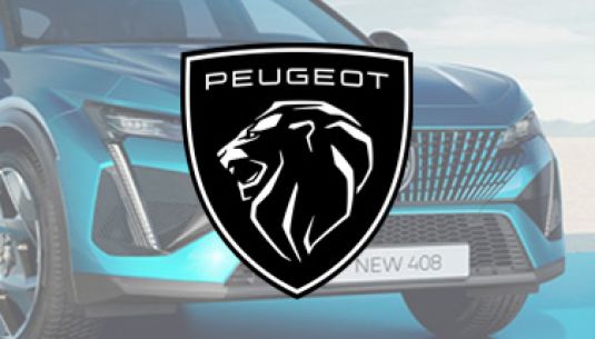 Greyscale PEUGEOT logo with PEUGEOT 408 in background