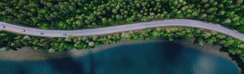 Road through woodland and river